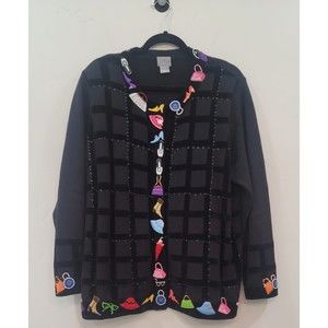 Berek Vintage Beaded Sequin Black Applique Women Cardigan Sweater Women Sz.1X